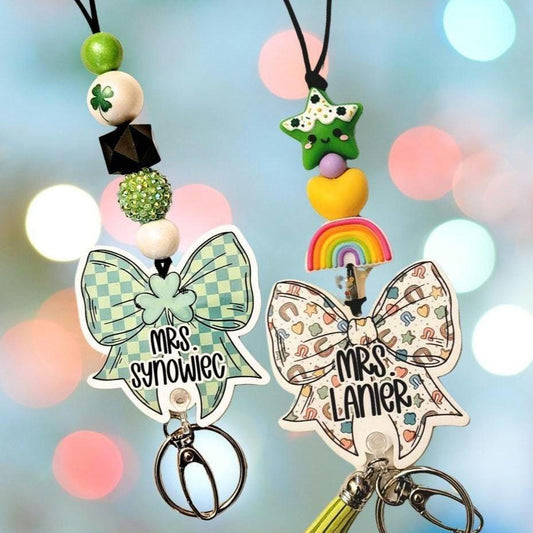 Personalized Lucky Clover Bow Lanyard for Teachers Nurses Green Checker Design for St Patricks Day Gift - Mommie Peas Creations