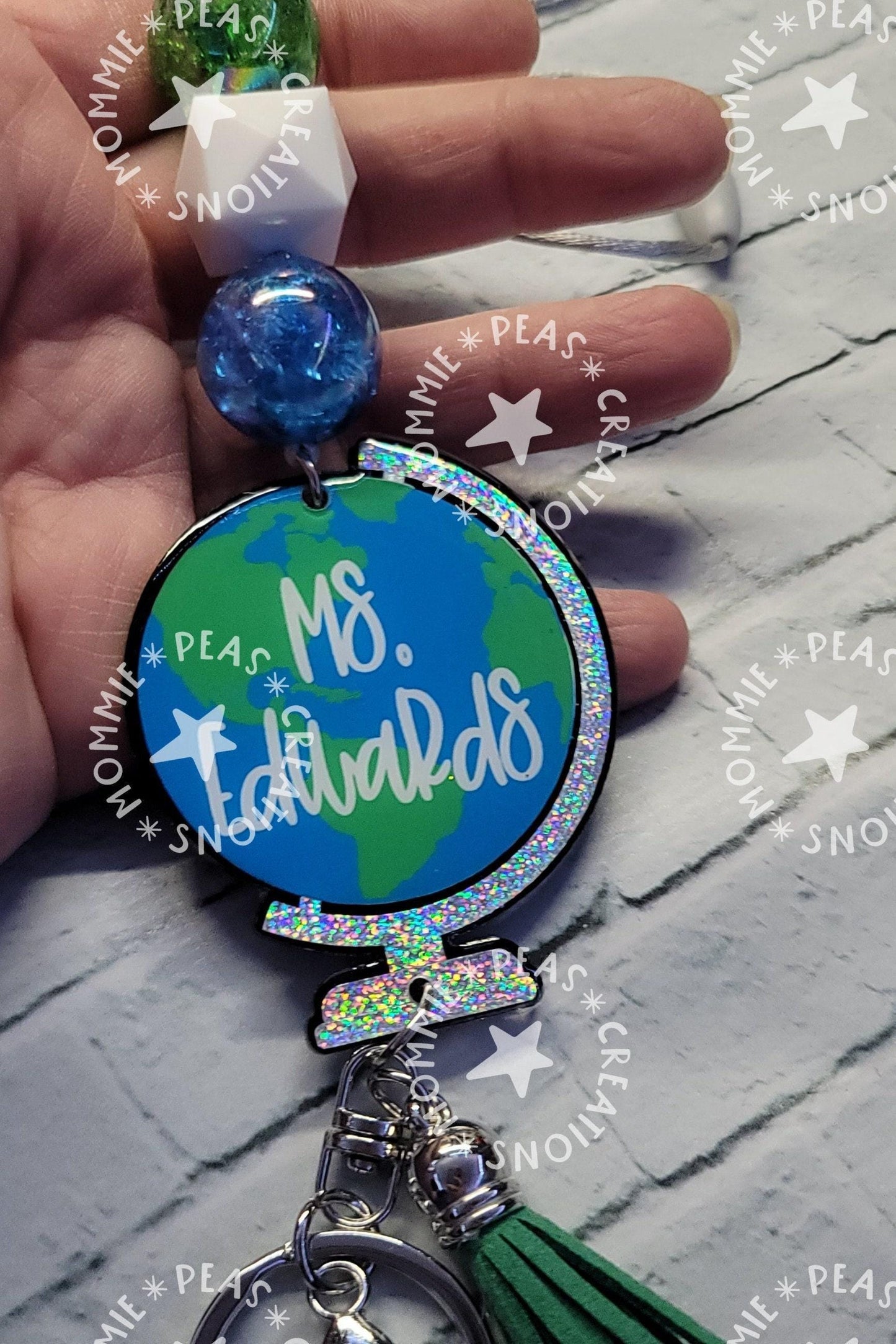 Personalized Globe Teacher Lanyard | Holographic Glitter Badge Reel with Tassel