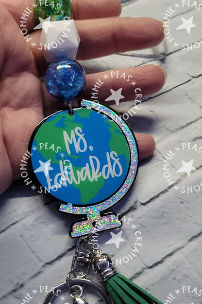 Personalized Globe Teacher Lanyard | Holographic Glitter Badge Reel with Tassel