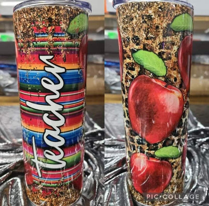 Colorful tumbler featuring Texas theme with red apples, green leaves, and vibrant striped background