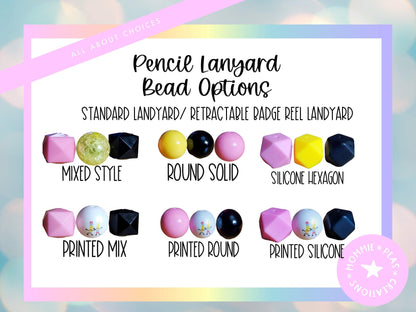 Pencil lanyard bead options including mixed style, round solid, silicone hexagon, printed mix, printed round, and printed silicone beads