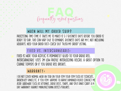 Colorful FAQ page with shipping, fixed vs interchangeable acrylic badges, and warranty info on light background