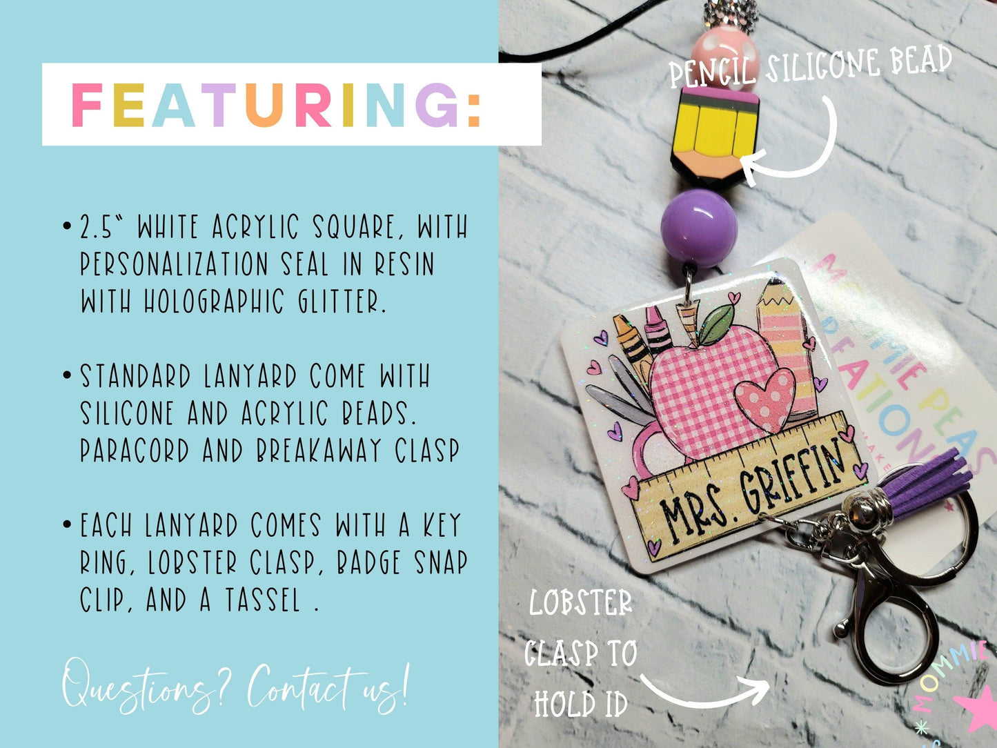 Personalized Teacher Lanyard with Breakaway ID Badge Holder Pastel Beaded Design - Thoughtful Appreciation Gift for Educators - Mommie Peas Creations