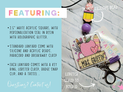 Personalized lanyard with white acrylic ID badge, pencil silicone bead, purple tassel, and lobster clasp