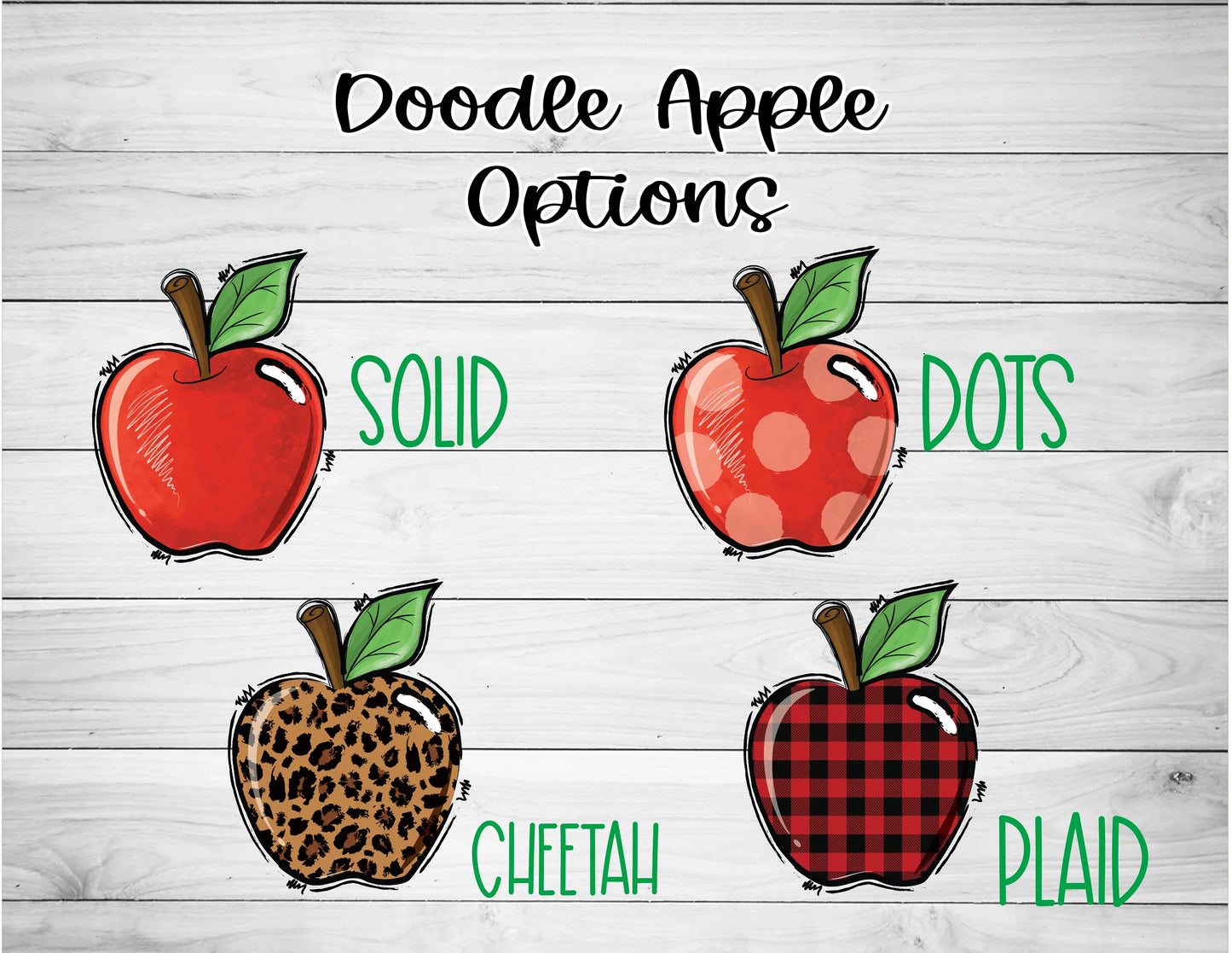 Handmade apple doodle designs in solid red, red dots, cheetah print, and plaid pattern.