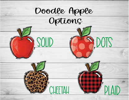 Handmade apple doodle designs in solid red, red dots, cheetah print, and plaid pattern.