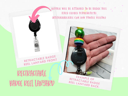Retractable black badge reel lanyard with clear plastic strap on white background and held in hand with rainbow bead lanyard