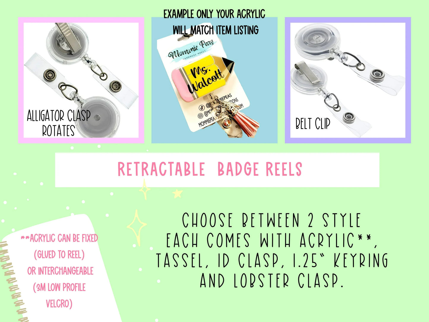 Handmade retractable badge reels with clear acrylic, tassels, and metal clasps, shown in two styles on a pastel green background.