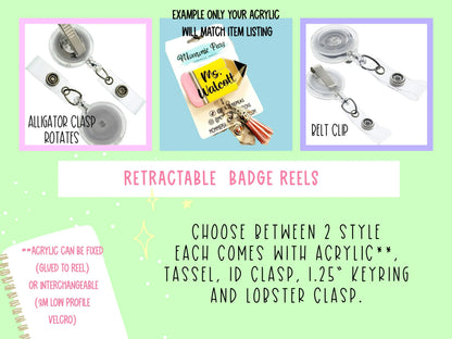 Handmade retractable badge reels with clear acrylic, tassels, and metal clasps, shown in two styles on a pastel green background.