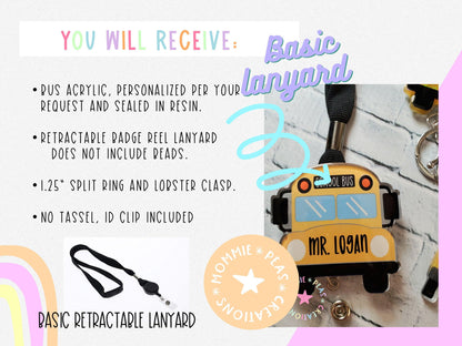 Personalized yellow school bus acrylic badge reel with black retractable lanyard and silver lobster clasp