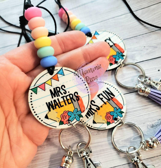 Teacher personalized Lanyard | pencil Badge reel lanyard | Pastel silicone abacus beads | stocking stuffer for educator | gifts under 25 - Mommie Peas Creations