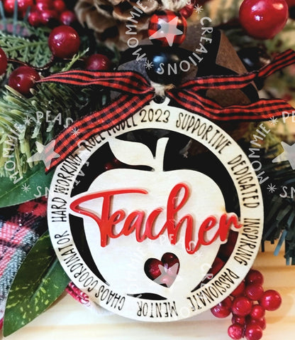 Personalized Teacher Christmas Ornament 2025 – Apple Wood & Acrylic Keepsake Gift