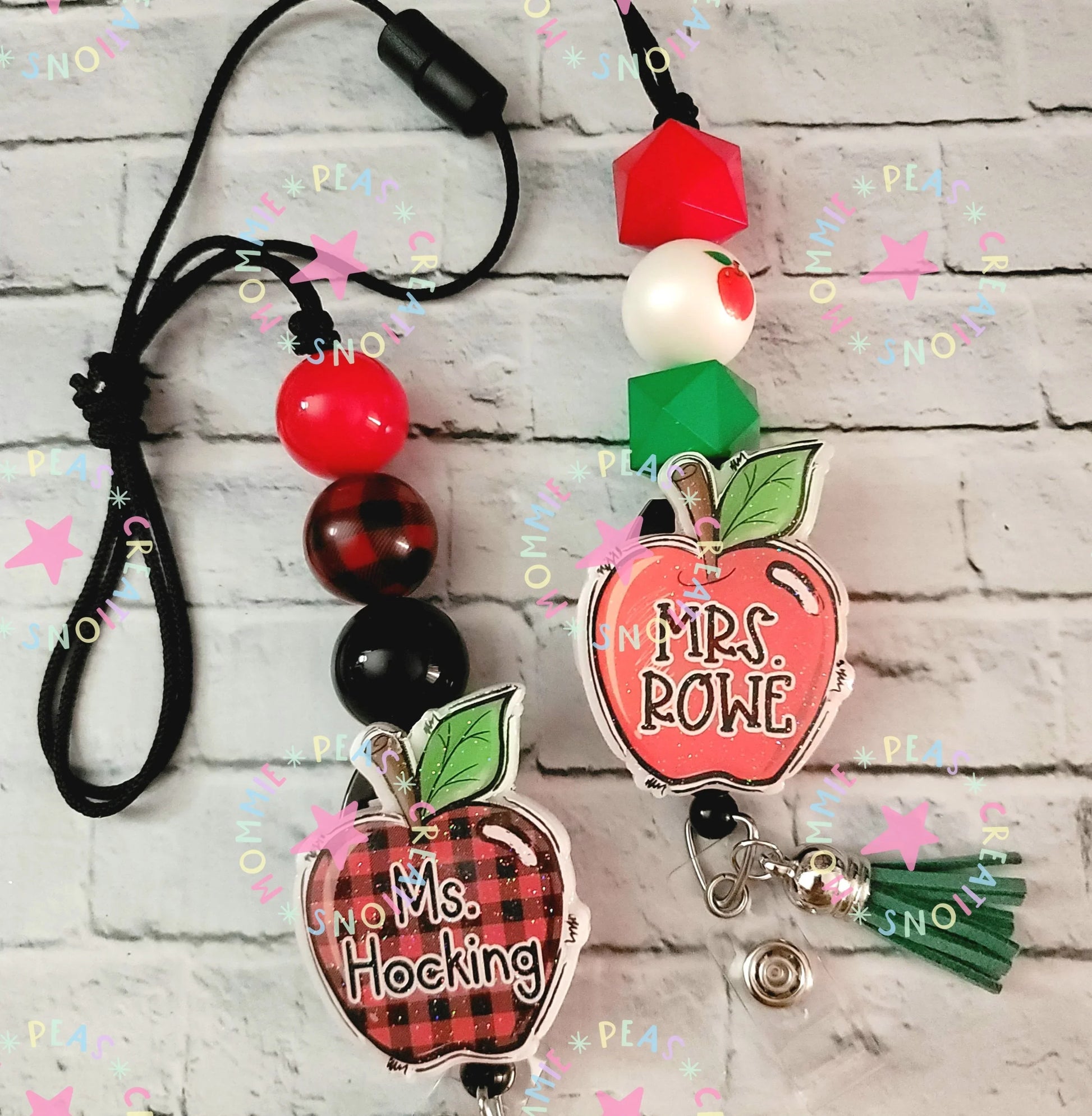 Handmade apple-shaped teacher badge reels with colorful beads, personalized gifts
