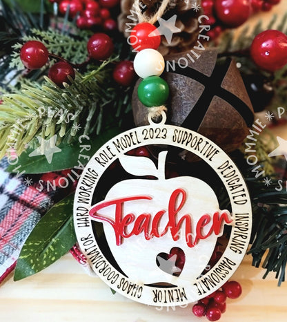Personalized Teacher Christmas Ornament 2025 – Apple Wood & Acrylic Keepsake Gift
