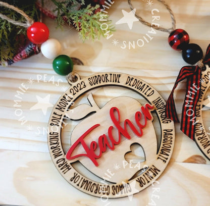 Personalized Teacher Christmas Ornament 2025 – Apple Wood & Acrylic Keepsake Gift