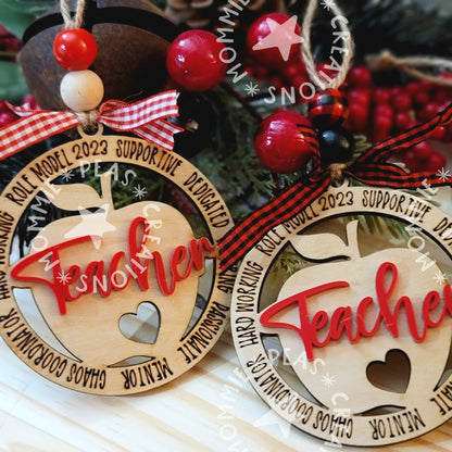 Personalized Teacher Christmas Ornament 2025 – Apple Wood & Acrylic Keepsake Gift