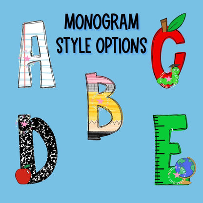 Colorful monogram letters A, B, C, D, E with school-themed designs on blue background