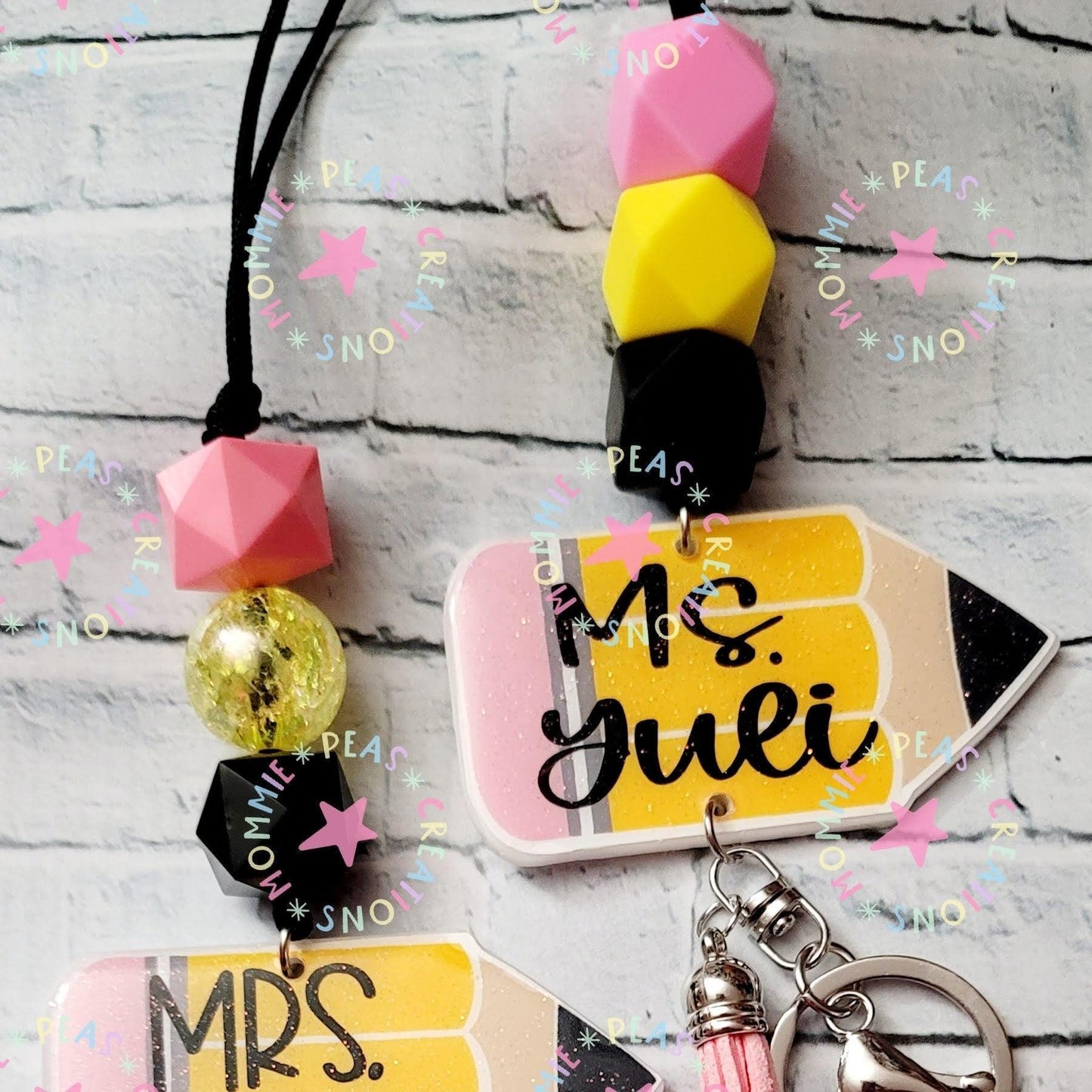 Teacher Lanyard | personalized beaded glitter pencil| Teacher Appreciation gift idea| breakaway ID holder| Acrylic badge lanyard| Custom - Mommie Peas Creations