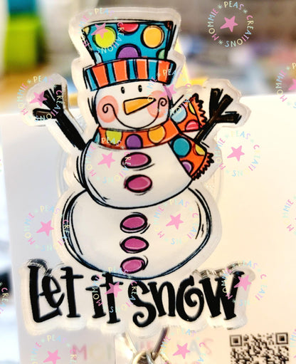 Colorful snowman wearing a polka dot hat and scarf with 'Let it Snow' text