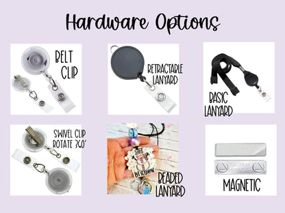 Six hardware options for badge holders including belt clip, retractable lanyard, basic lanyard, swivel clip, beaded lanyard, and magnetic