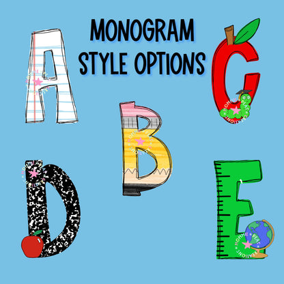 Colorful illustrated monogram letters A to E with school-themed designs on blue background