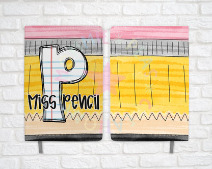 Colorful pencil-themed notebook cover with large letter P and text Miss Pencil