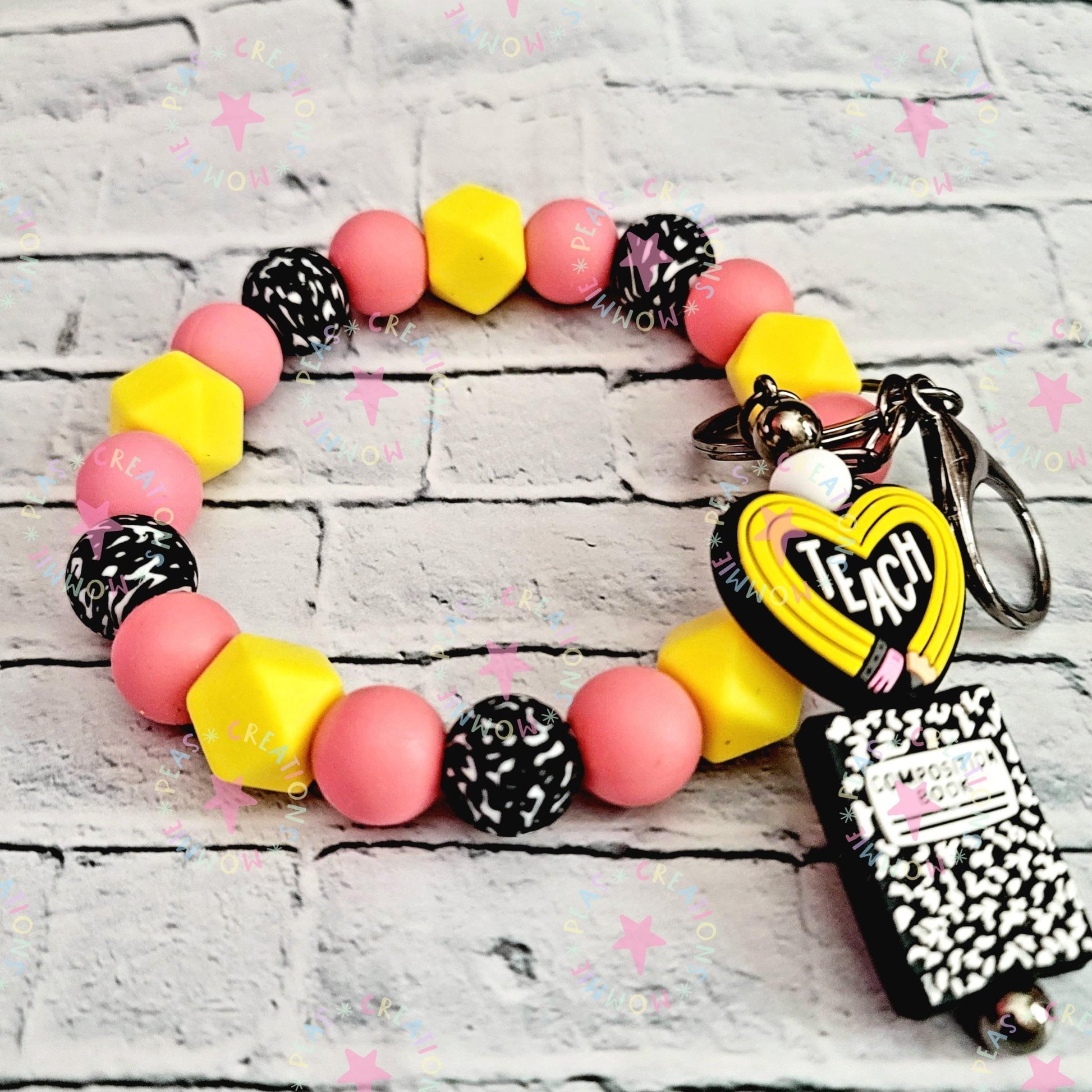 Teacher Gift Wristlet with Pencil Keychain - Yellow Pink Beads - Composition Book Design - Silicone - Stocking Stuffer - Mommie Peas Creations