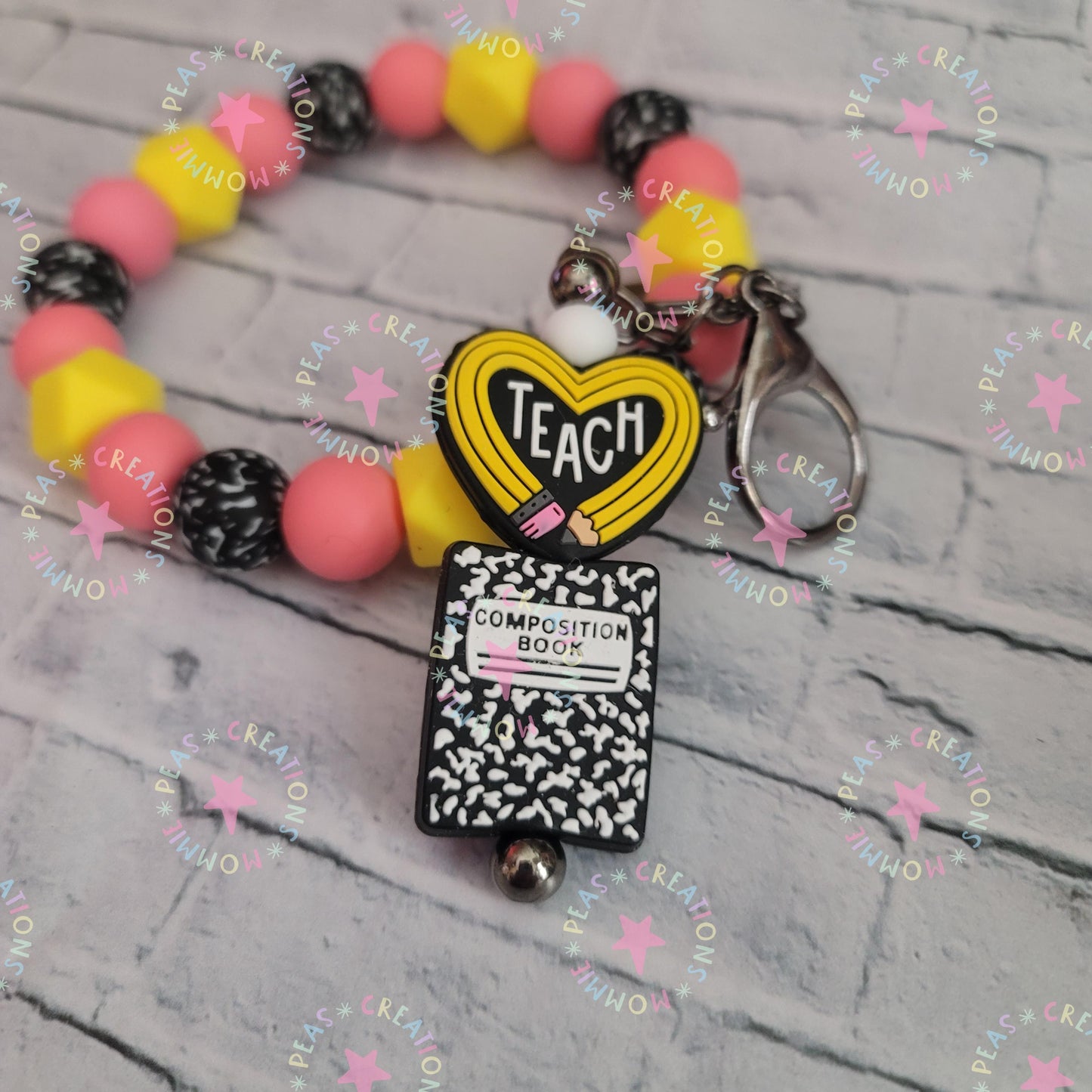 Teacher Gift Wristlet with Pencil Keychain - Yellow Pink Beads - Composition Book Design - Silicone - Stocking Stuffer - Mommie Peas Creations