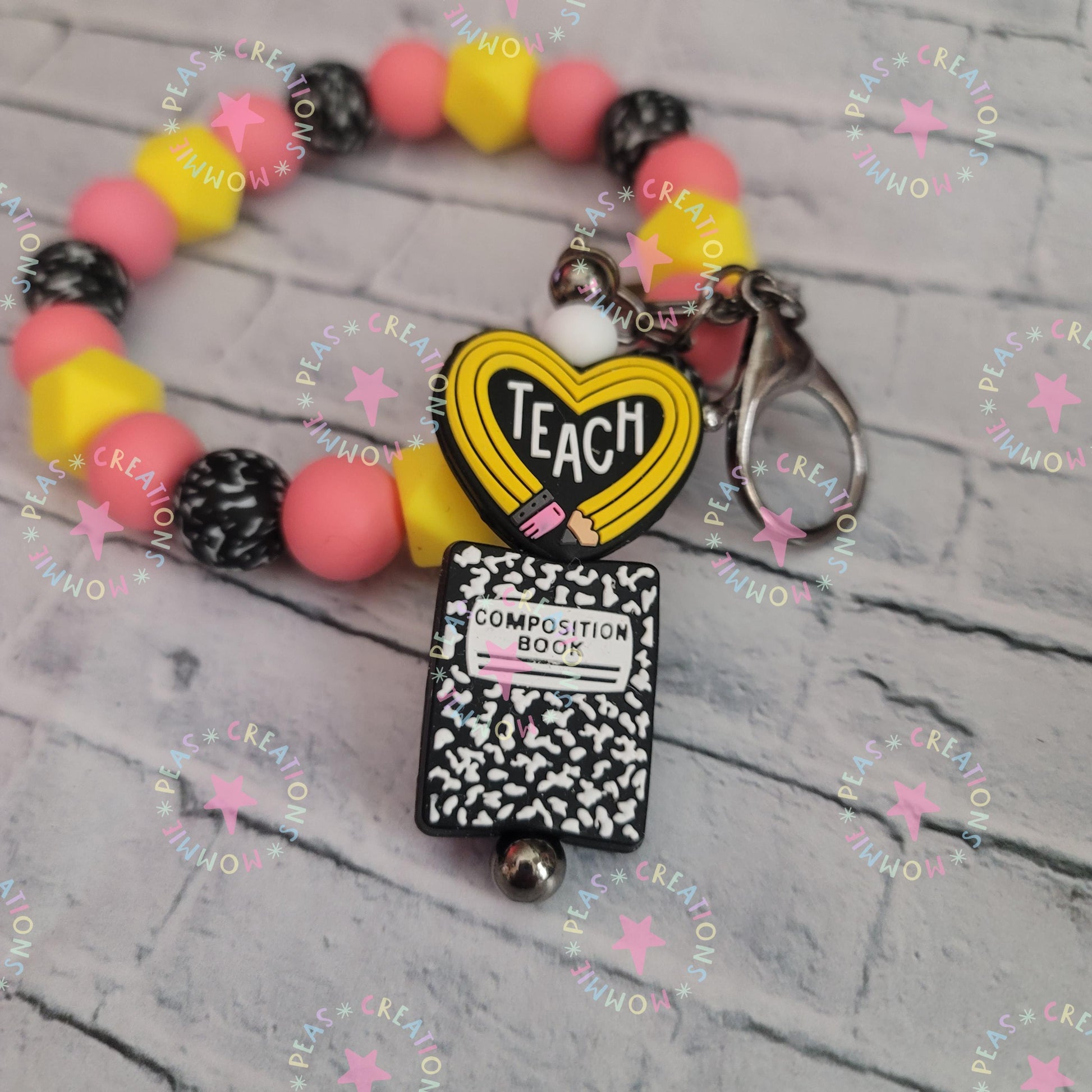 Teacher Gift Wristlet with Pencil Keychain - Yellow Pink Beads - Composition Book Design - Silicone - Stocking Stuffer - Mommie Peas Creations