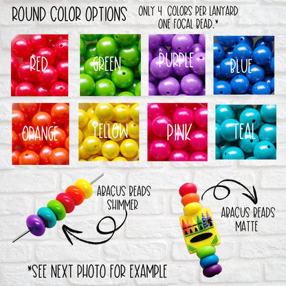 Round colorful beads in red, green, purple, blue, orange, yellow, pink, teal colors for lanyards with shimmer and matte abacus beads