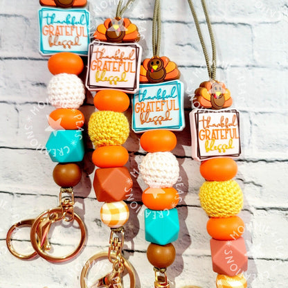 Thankful Greatful Blessed - Turkey lanyard - Thanksgiving Nurse necklace - Teacher Badge Holder -Beaded Fall Lanyard for Bestie - Mommie Peas Creations