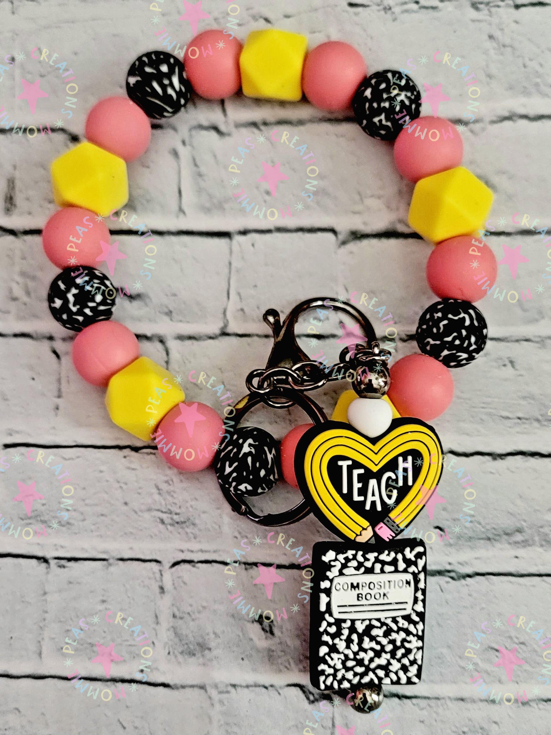 Teacher Gift Wristlet with Pencil Keychain - Yellow Pink Beads - Composition Book Design - Silicone - Stocking Stuffer - Mommie Peas Creations