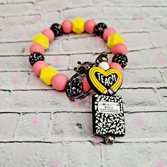 Teacher Gift Wristlet with Pencil Keychain - Yellow Pink Beads - Composition Book Design - Silicone - Stocking Stuffer - Mommie Peas Creations
