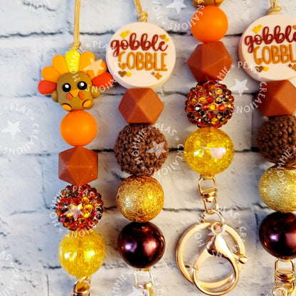 Colorful Turkey Lanyard for Thanksgiving - Nurse Necklace Teacher Badge Holder and Fall Beaded Lanyard for Bestie - Gobble Gobble - Mommie Peas Creations