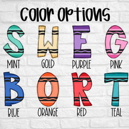 Hand-drawn colorful letters on white brick wall showing color options: mint, gold, purple, pink, blue, orange, red, teal