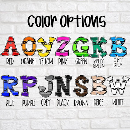 Color options chart with stitched, patterned letters on white brick wall background in red, orange, yellow, pink, green, kelly green, sky blue, blue, purple, grey, black, brown, beige, white