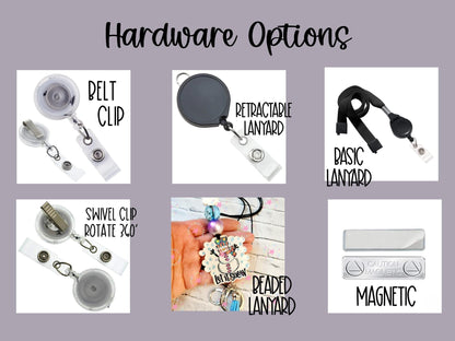 Collage of six hardware options for badge holders including belt clip, retractable lanyard, basic lanyard, swivel clip, beaded lanyard, and magnetic clip