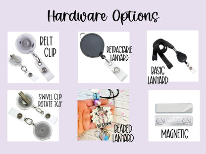 Collection of badge holder hardware options including belt clip, retractable lanyard, basic lanyard, swivel clip, beaded lanyard, and magnetic
