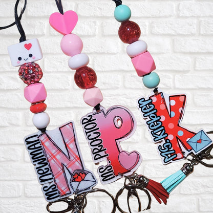 Colorful keychains with big letters W, P, K and cute beads for Ms Newman, Ms Proctor, Ms Kikkieter