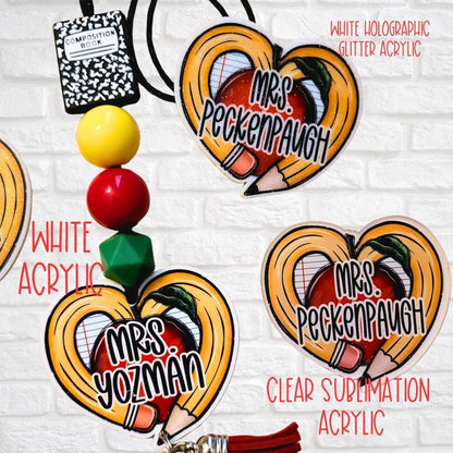 Custom teacher keychains with apple and pencil heart designs, colorful beads, and labels for acrylic types
