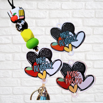 Custom teacher keychains with Mickey ears, hearts, and names Mrs. Alvarez and Mrs. Posey