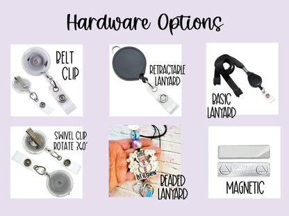 Six hardware options for badge holders including belt clip, retractable lanyard, basic lanyard, swivel clip, beaded lanyard, and magnetic
