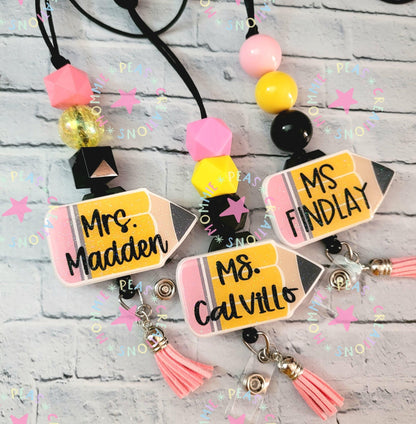 Personalized Teacher Lanyard - Glitter Acrylic Pencil Lanyard for Educators - Custom Beaded ID Holder - Teacher Appreciation Gift Idea - Mommie Peas Creations