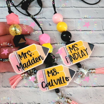 Personalized Teacher Lanyard - Glitter Acrylic Pencil Lanyard for Educators - Custom Beaded ID Holder - Teacher Appreciation Gift Idea - Mommie Peas Creations