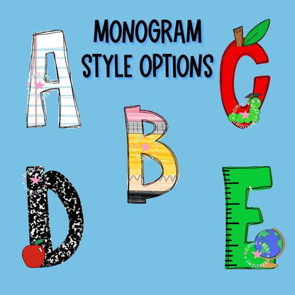 Colorful monogram letters A, B, C, D, E in school-themed styles on blue background