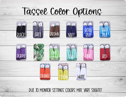 Tassel color options with labeled swatches in black, grey, brown, navy, royal blue, light blue, purple, green, lime green, teal, pink, red, orange, yellow, and white