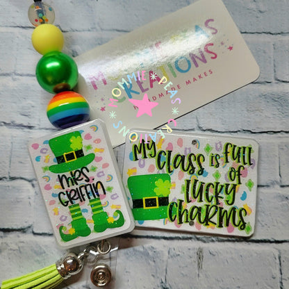 St. Patrick's Day teacher badge reel with leprechaun hat, boots, and text My class is full of lucky charms