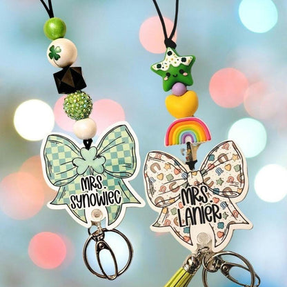 Personalized Lucky Clover Bow Lanyard for Teachers Nurses Green Checker Design for St Patricks Day Gift - Mommie Peas Creations