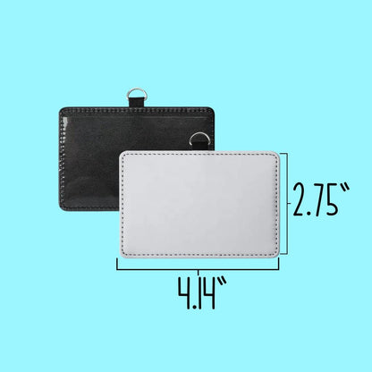 Black and white rectangular leather ID badge holders with metal rings and dimensions 4.14 by 2.75 inches