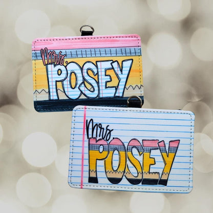 Two colorful ID badge holders with name Mrs. Posey, one with lined paper and gradient background